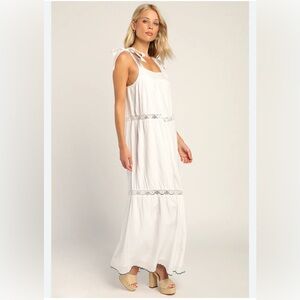 Lulus Tiered Cotton Swiss Dots Dress M Sleeveless Lace Boho CottageCore Peasant